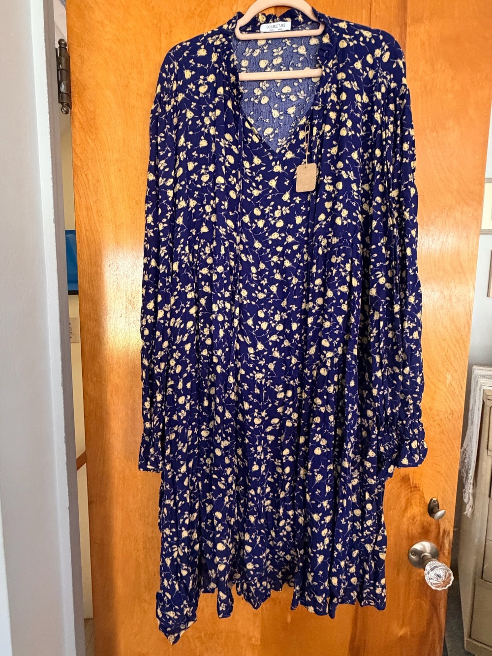 Floral V-Neck Long Sleeve Dress in Navy Blue by Soaked in Luxury